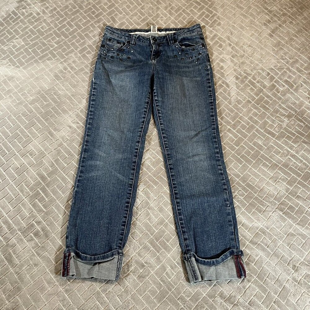 Mudd Girls size 16 Denim Jeans Blue Bedazzled Straight Cropped Rhinestones